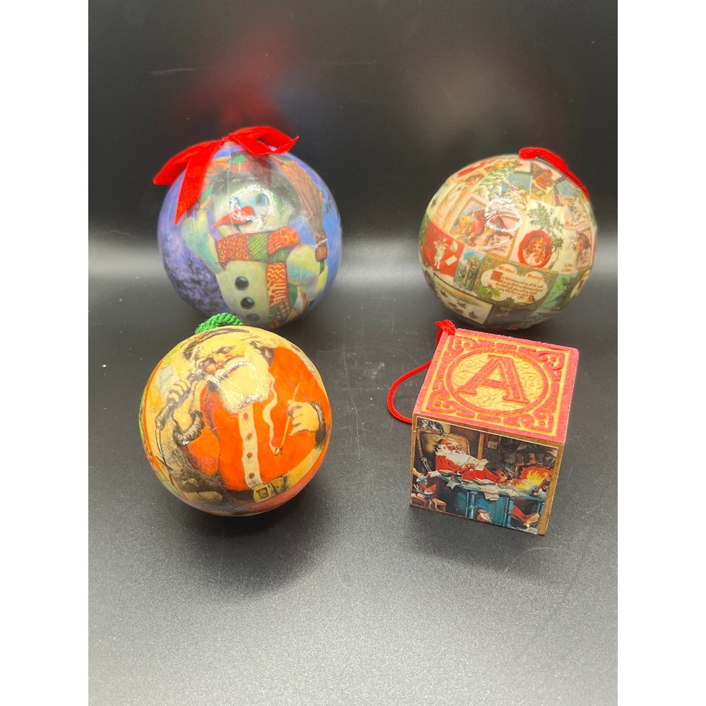Vintage Christmas Ornaments Set Of 4 Paper Mache Balls Santa Snowman Block